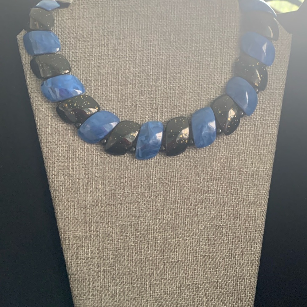 Vintage Bib Necklace Blue & Black Plastic Beads 14”